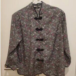 VINTAGE S~S Fashion 80s Gray Pink Print Mandarin Collar Top XL Chinese Knot Frog